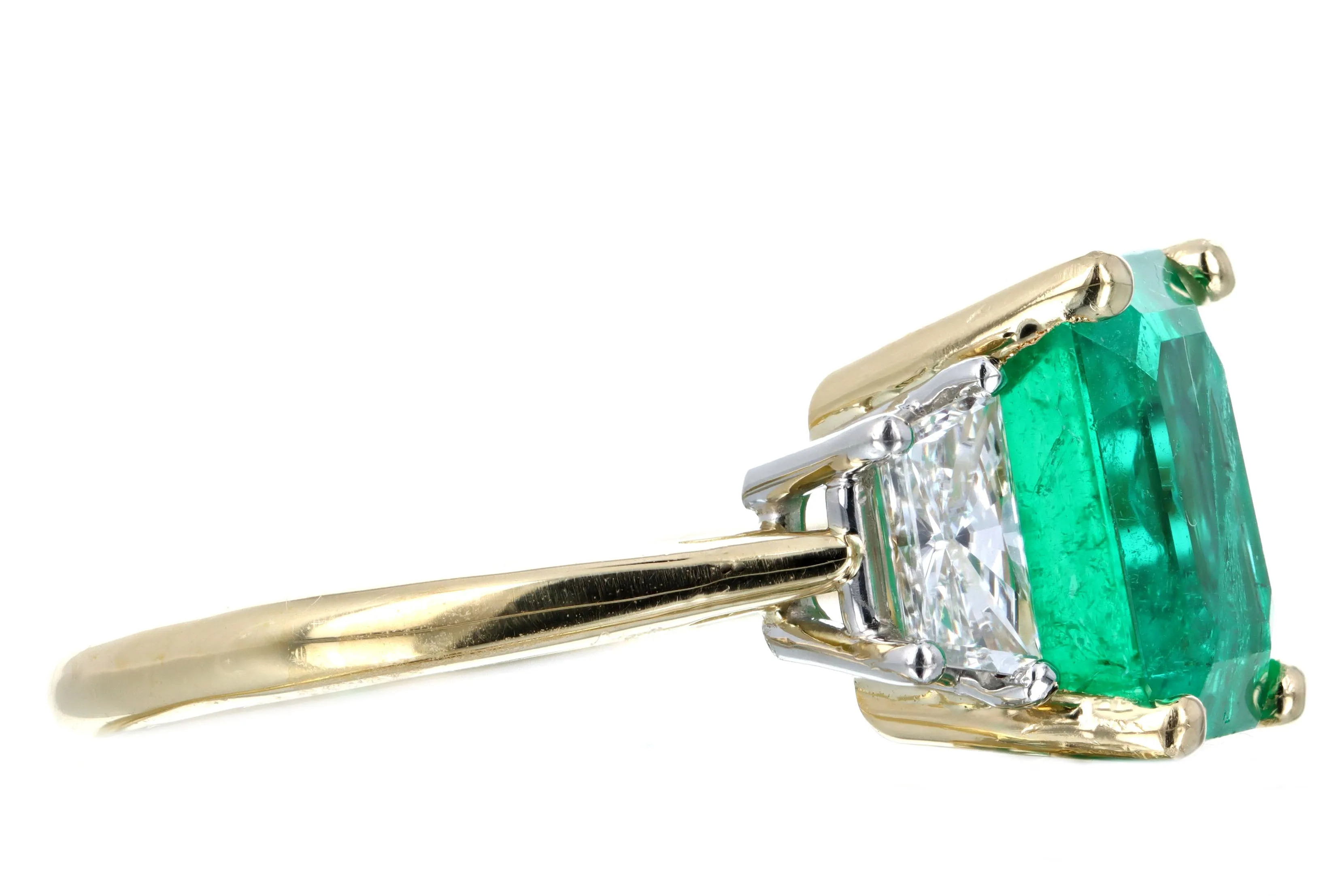 4.47 Carat Natural Colombian Emerald & Trapezoid Diamond Three Stone Ring AGL Certified