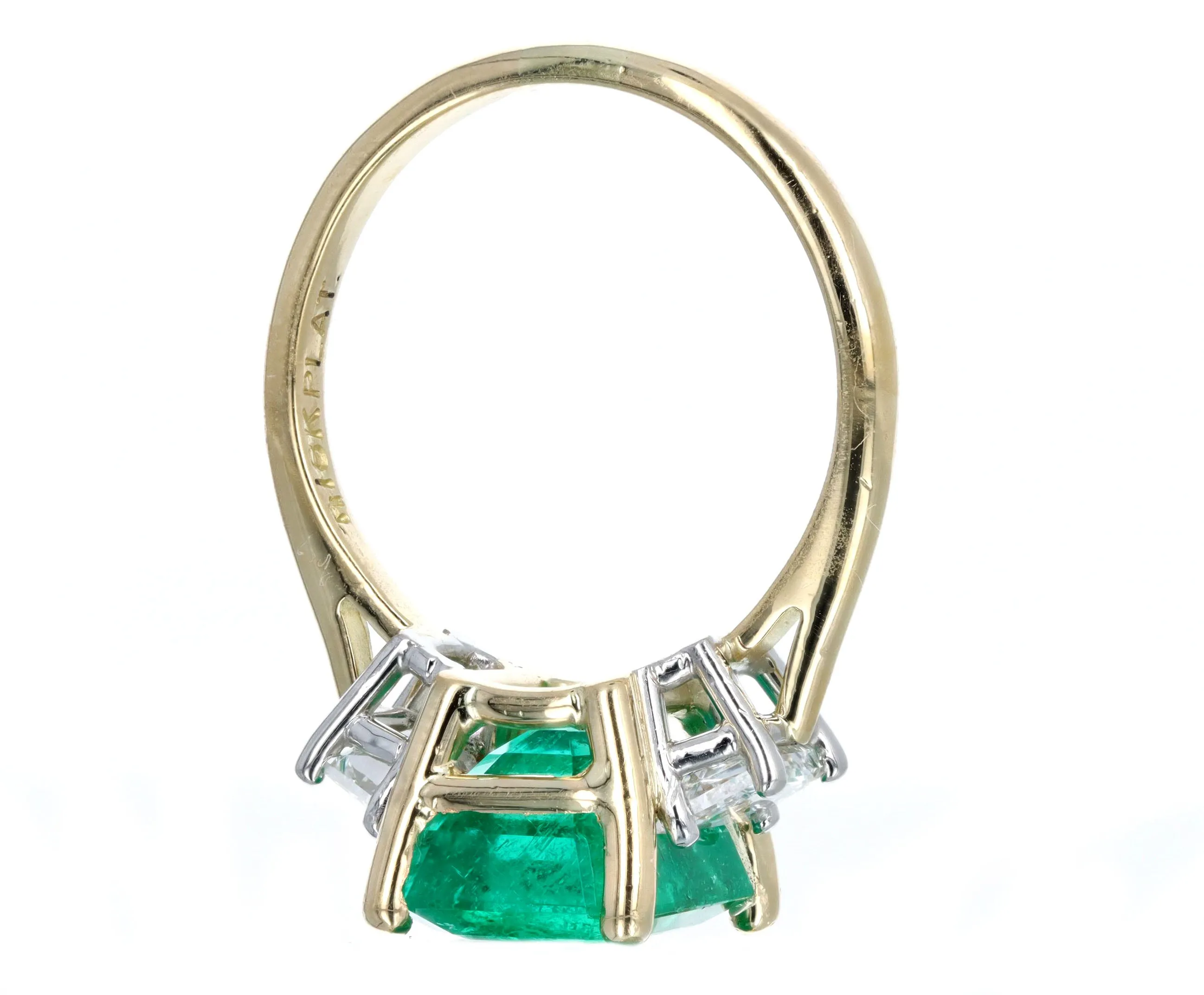 4.47 Carat Natural Colombian Emerald & Trapezoid Diamond Three Stone Ring AGL Certified