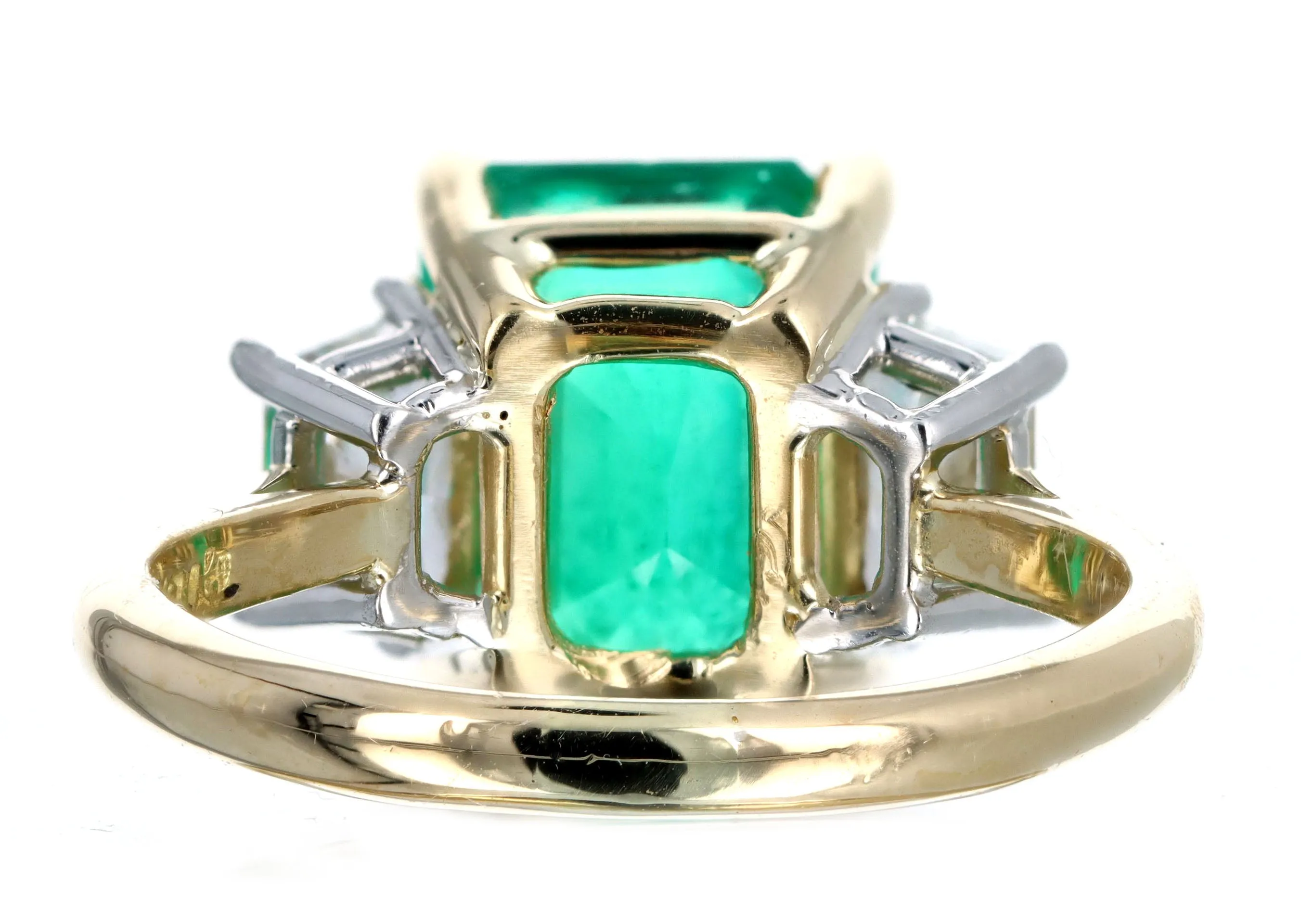 4.47 Carat Natural Colombian Emerald & Trapezoid Diamond Three Stone Ring AGL Certified