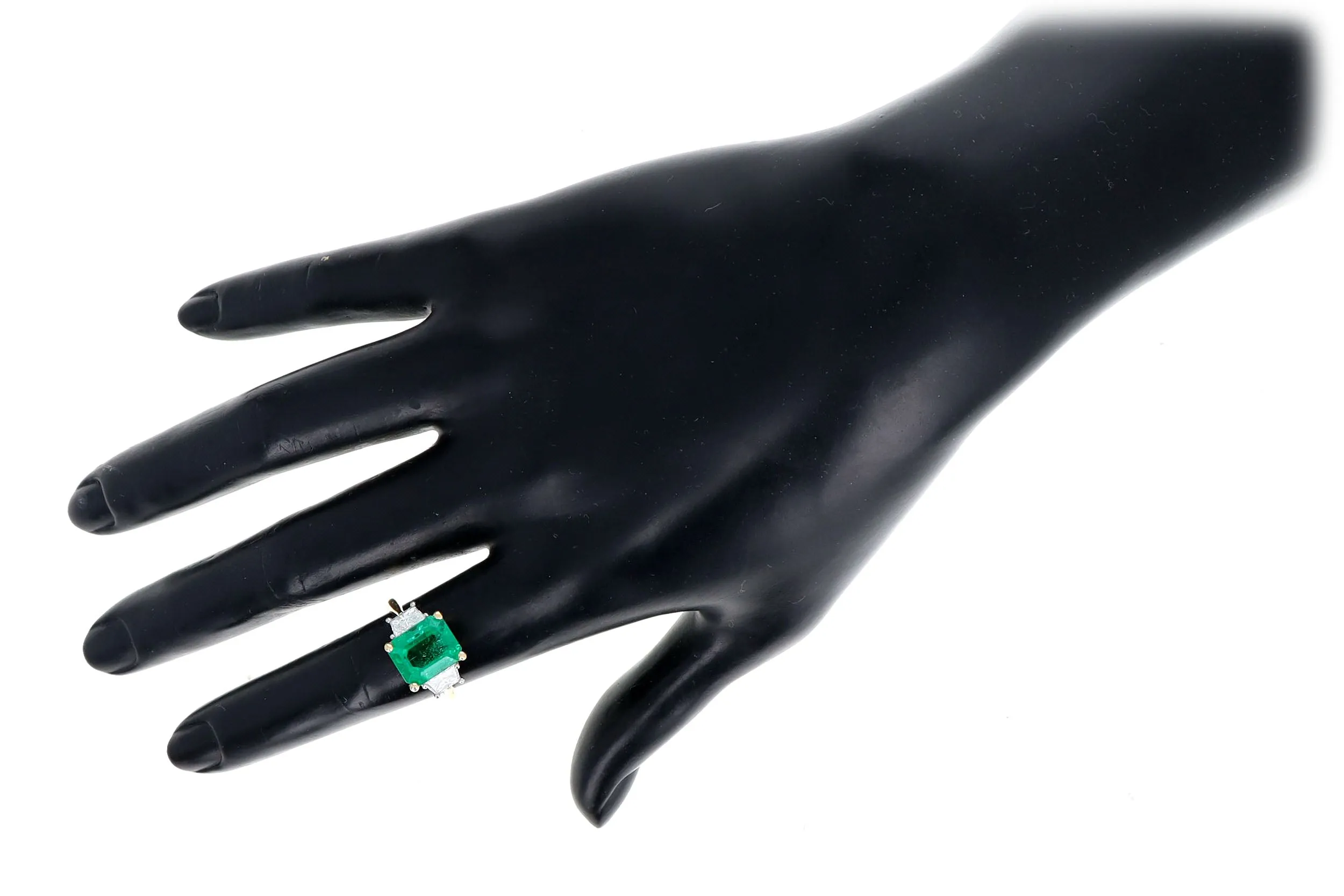4.47 Carat Natural Colombian Emerald & Trapezoid Diamond Three Stone Ring AGL Certified