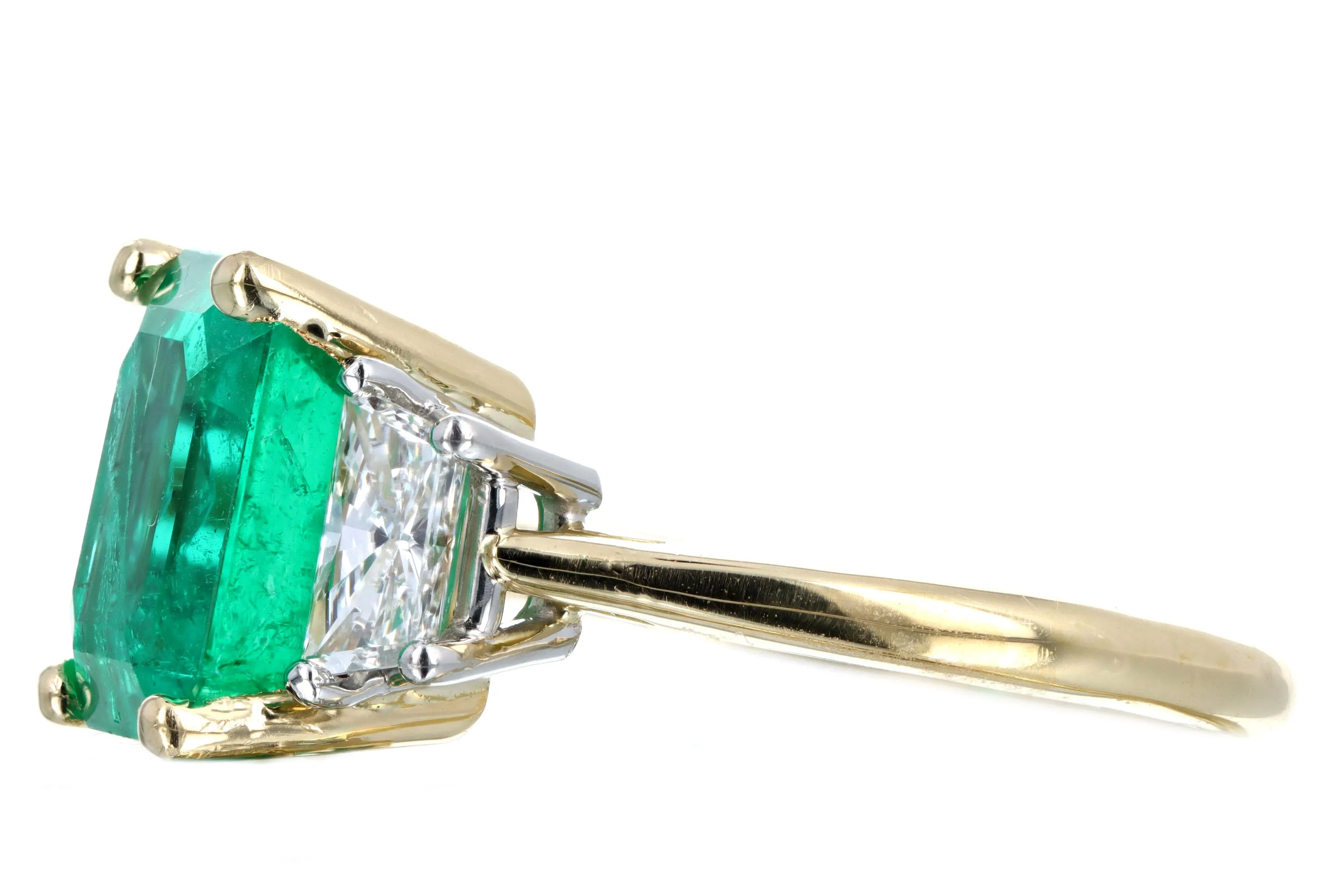 4.47 Carat Natural Colombian Emerald & Trapezoid Diamond Three Stone Ring AGL Certified