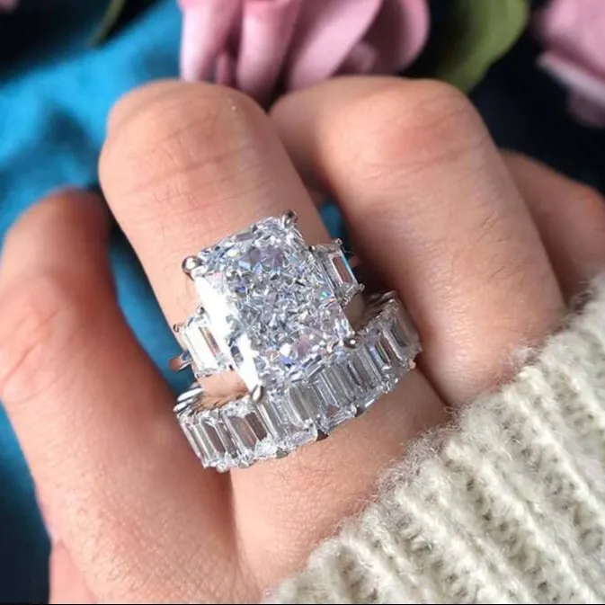 5ct Radiant Cut Simulated Diamond Three Stone Ring Set