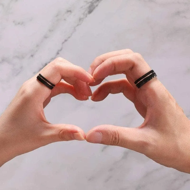 6mm/8mm Black Tungsten Rings with Thin Rose Gold Line