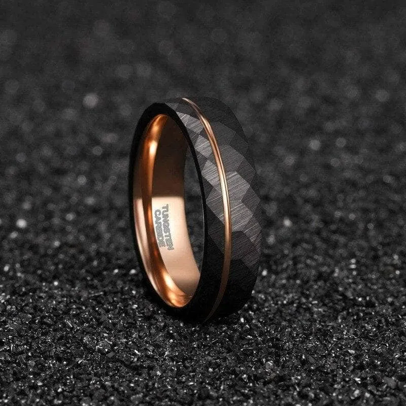 6mm/8mm Black Tungsten Rings with Thin Rose Gold Line