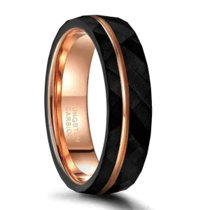 6mm/8mm Black Tungsten Rings with Thin Rose Gold Line