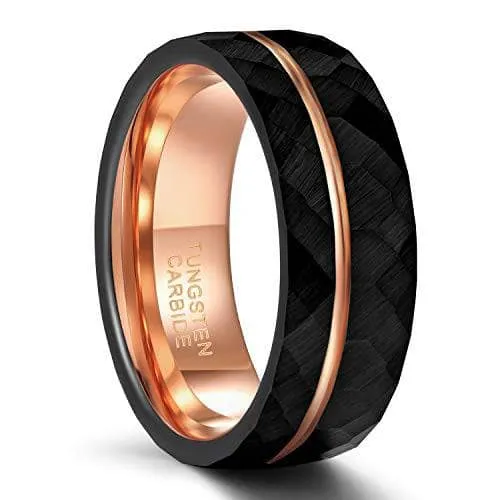 6mm/8mm Black Tungsten Rings with Thin Rose Gold Line