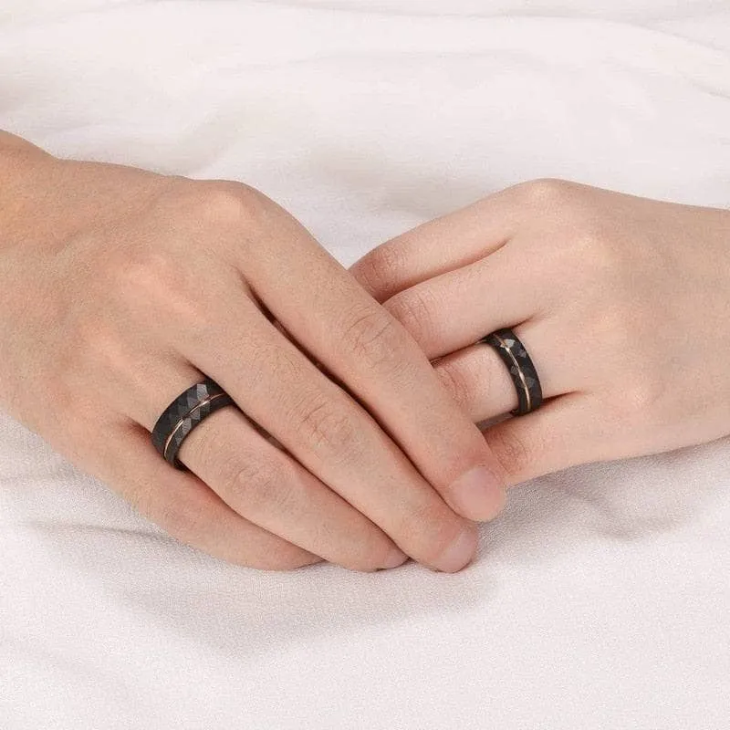 6mm/8mm Black Tungsten Rings with Thin Rose Gold Line