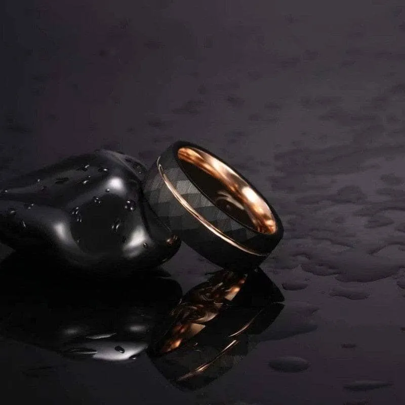 6mm/8mm Black Tungsten Rings with Thin Rose Gold Line