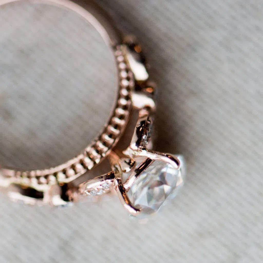 8mm Round OEC Heirloom Moissanite 14K Rose Gold Half Bead Shank and Diamond Bezel Side Ring
