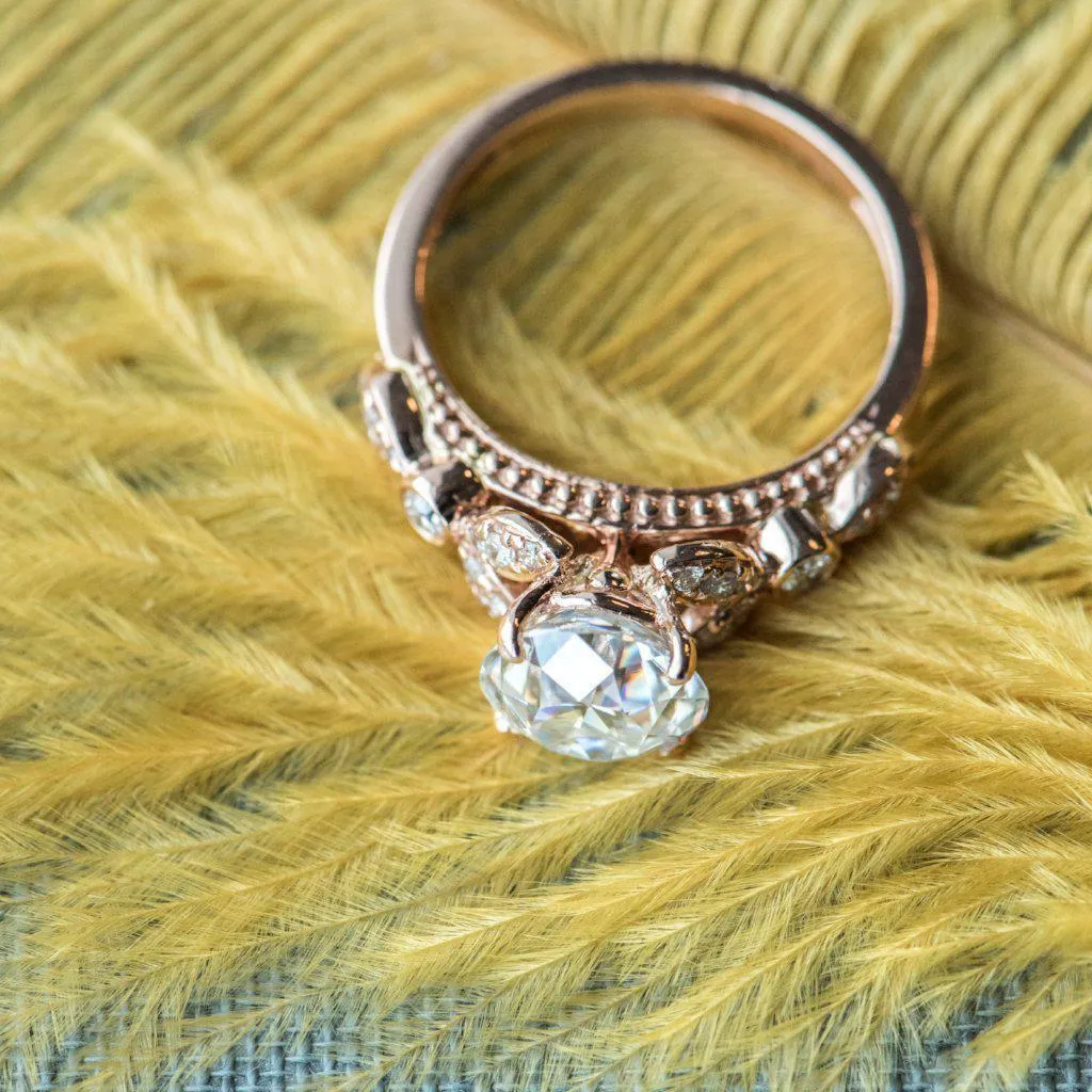 8mm Round OEC Heirloom Moissanite 14K Rose Gold Half Bead Shank and Diamond Bezel Side Ring