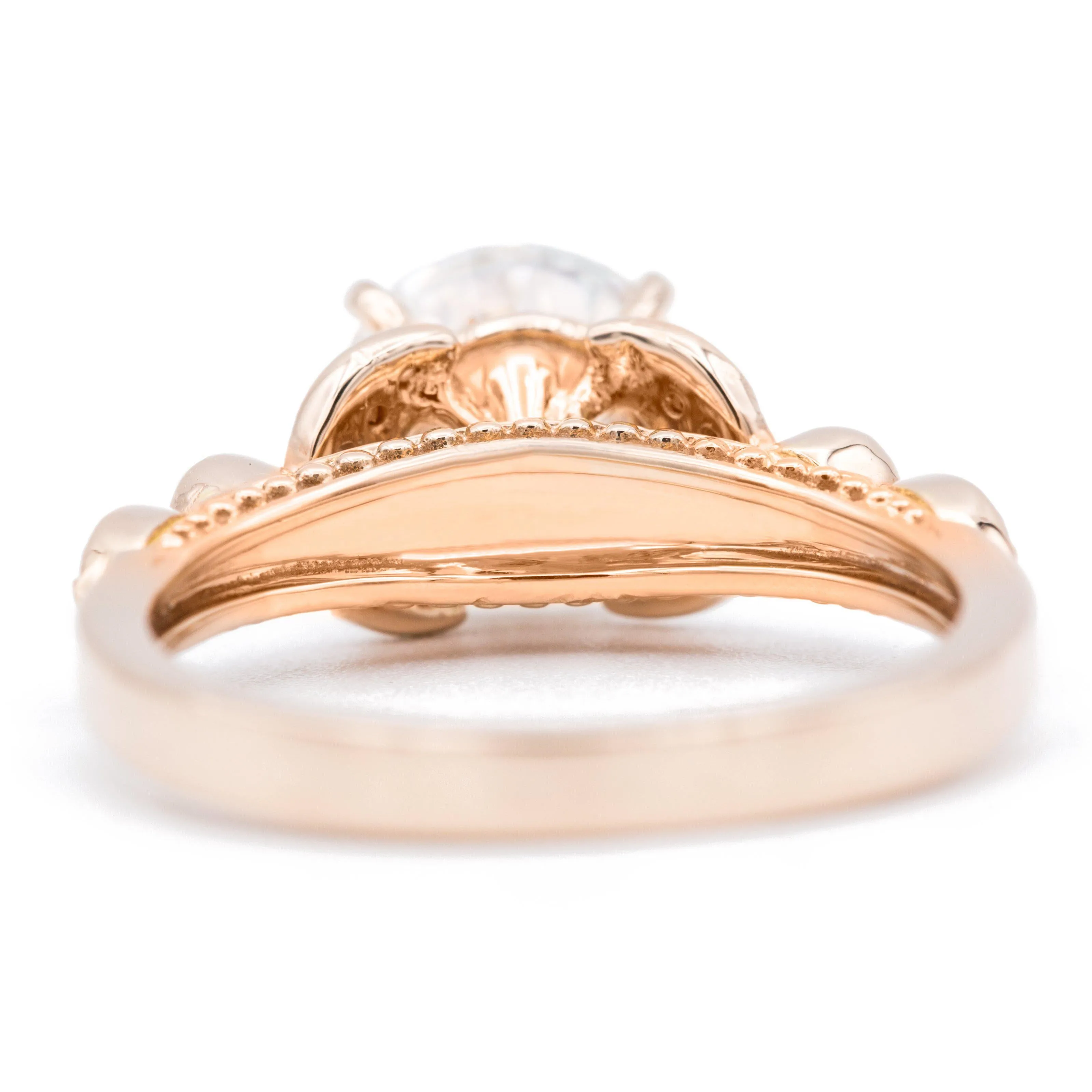 8mm Round OEC Heirloom Moissanite 14K Rose Gold Half Bead Shank and Diamond Bezel Side Ring