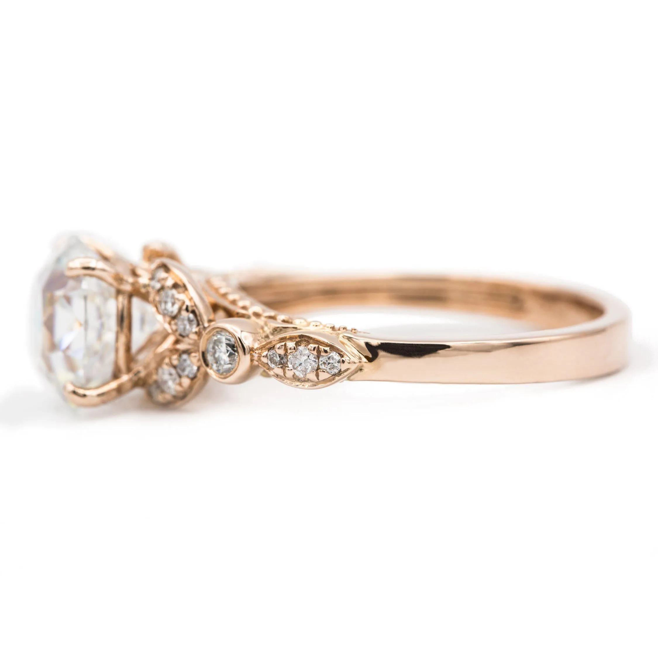 8mm Round OEC Heirloom Moissanite 14K Rose Gold Half Bead Shank and Diamond Bezel Side Ring