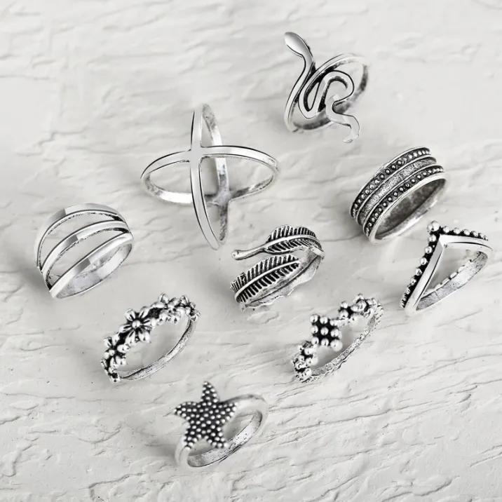 9 Piece Silver Ring Set