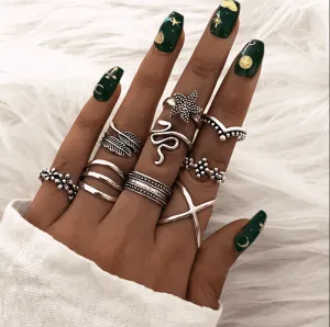 9 Piece Silver Ring Set