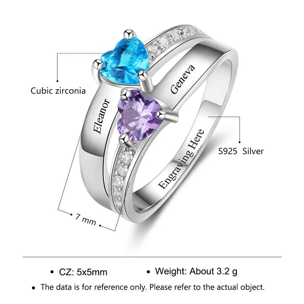 925 Sterling Silver 2 Heart Birthstone Ring Personalized with Custom Engrave Names for Her