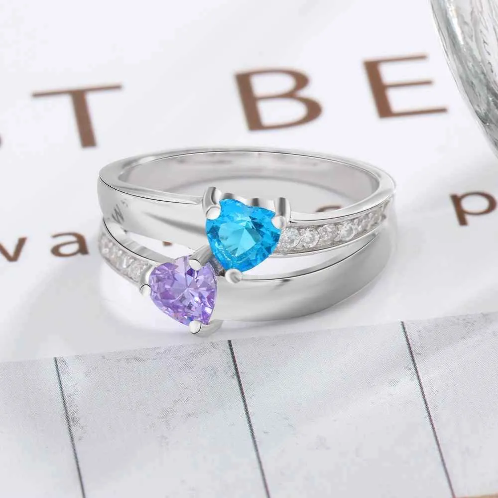 925 Sterling Silver 2 Heart Birthstone Ring Personalized with Custom Engrave Names for Her