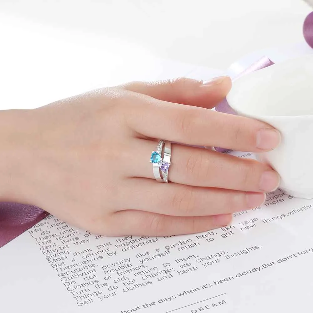 925 Sterling Silver 2 Heart Birthstone Ring Personalized with Custom Engrave Names for Her