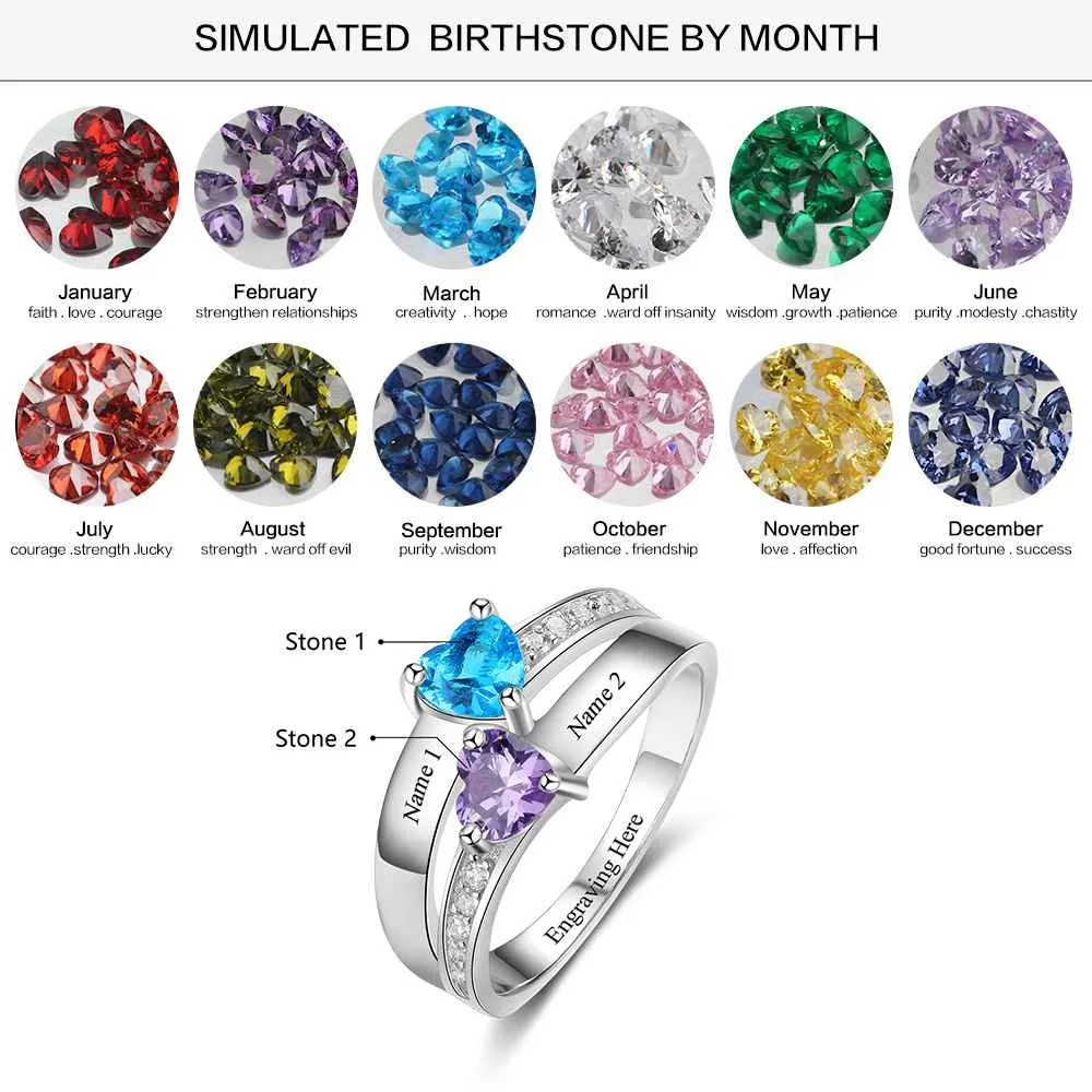 925 Sterling Silver 2 Heart Birthstone Ring Personalized with Custom Engrave Names for Her