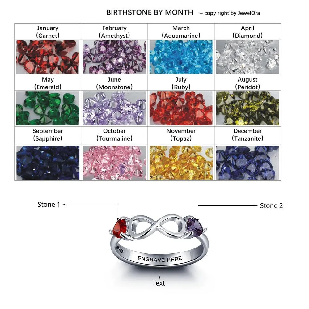 925 Sterling Silver Infinity Double Heart Birthstone Rings, Customized Jewelry Gift for Women