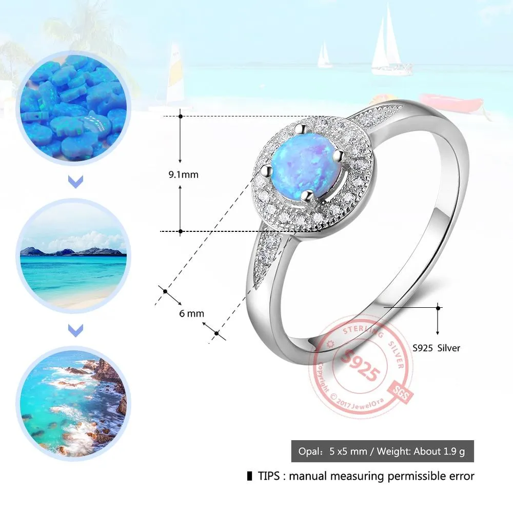 925 Sterling Silver Rings with 5mm Round Blue Opal, Trendy Wedding Bands for Women