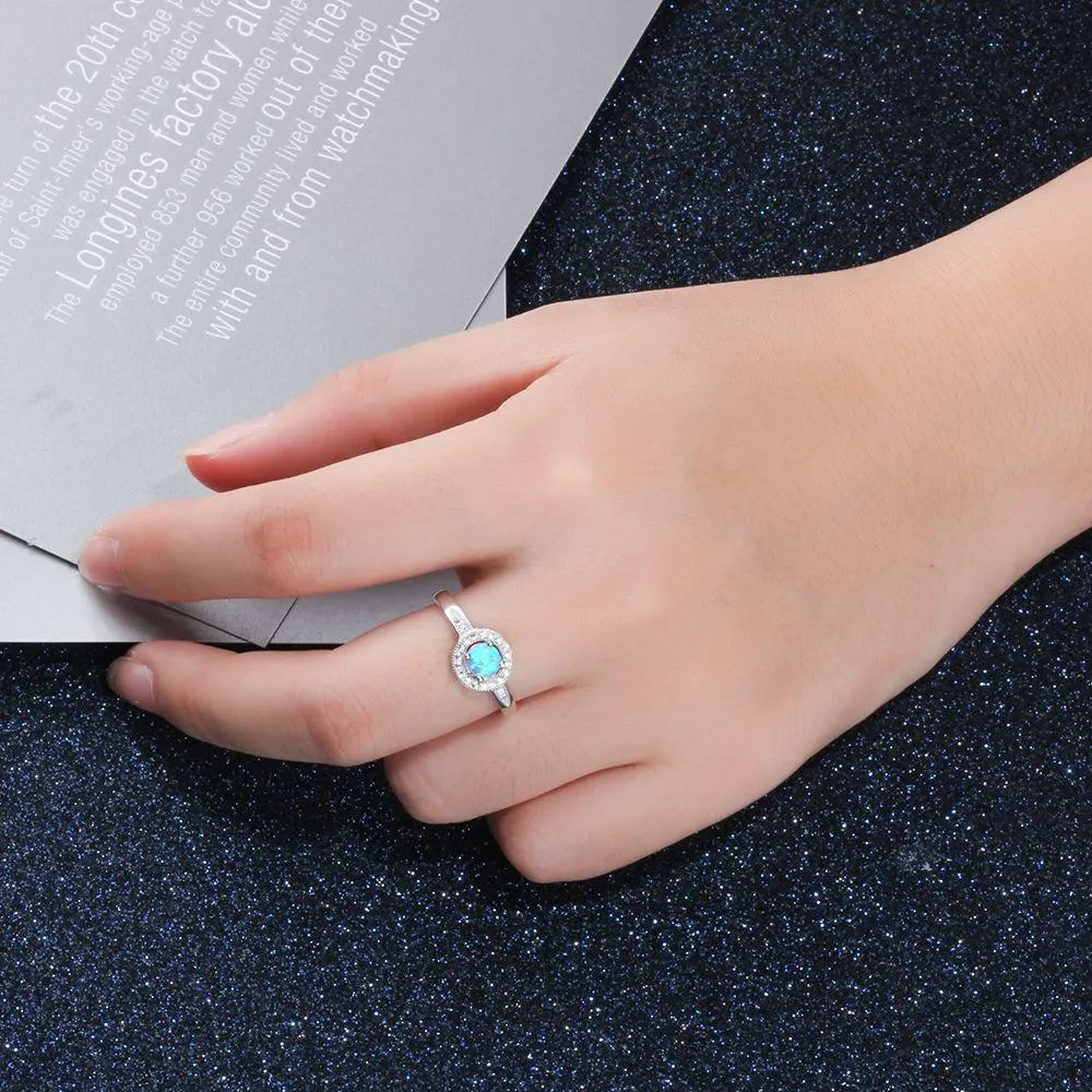 925 Sterling Silver Rings with 5mm Round Blue Opal, Trendy Wedding Bands for Women