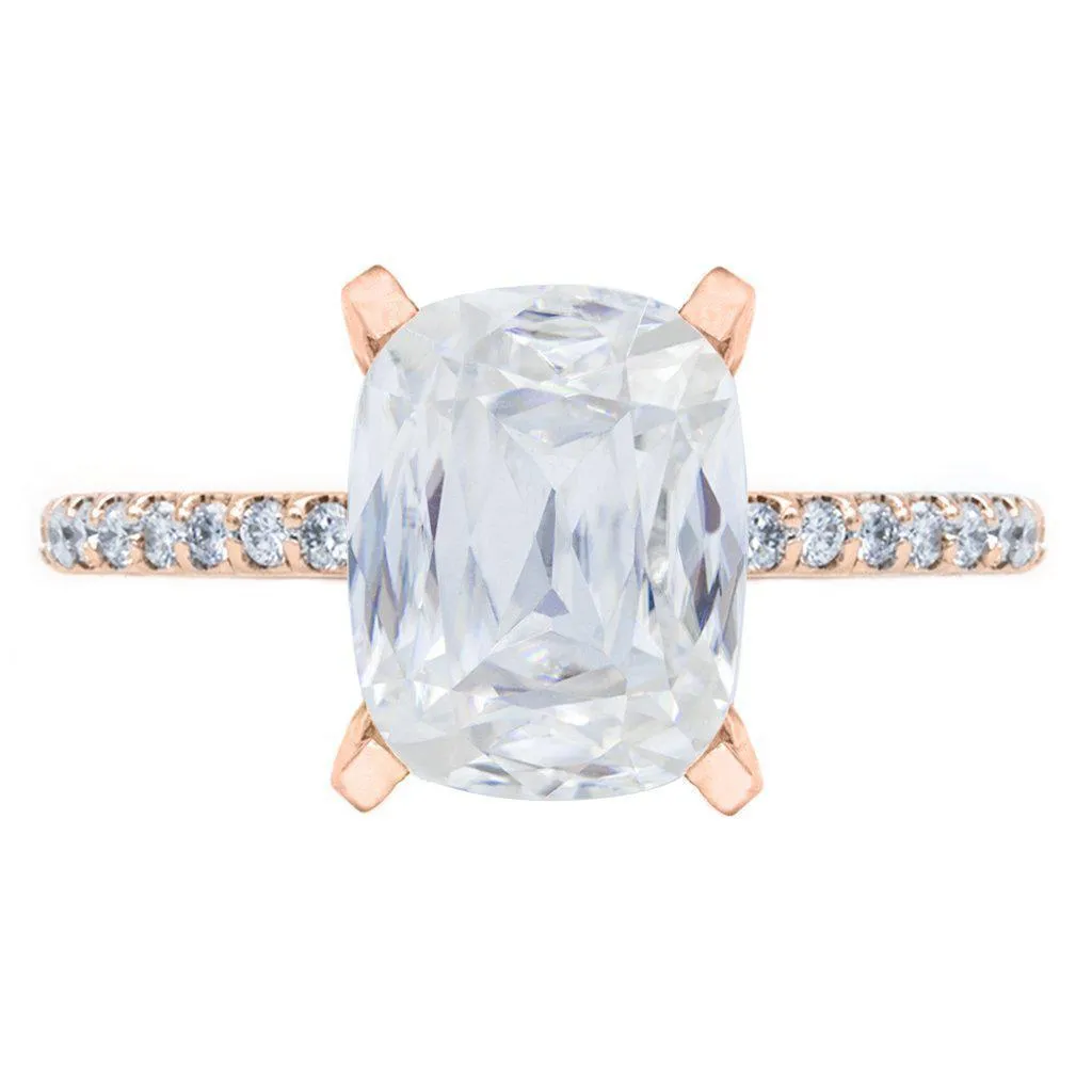 A Cute Cut Cushion Heirloom Moissanite 4 Prongs Diamond Accent Ice Solitaire Ring