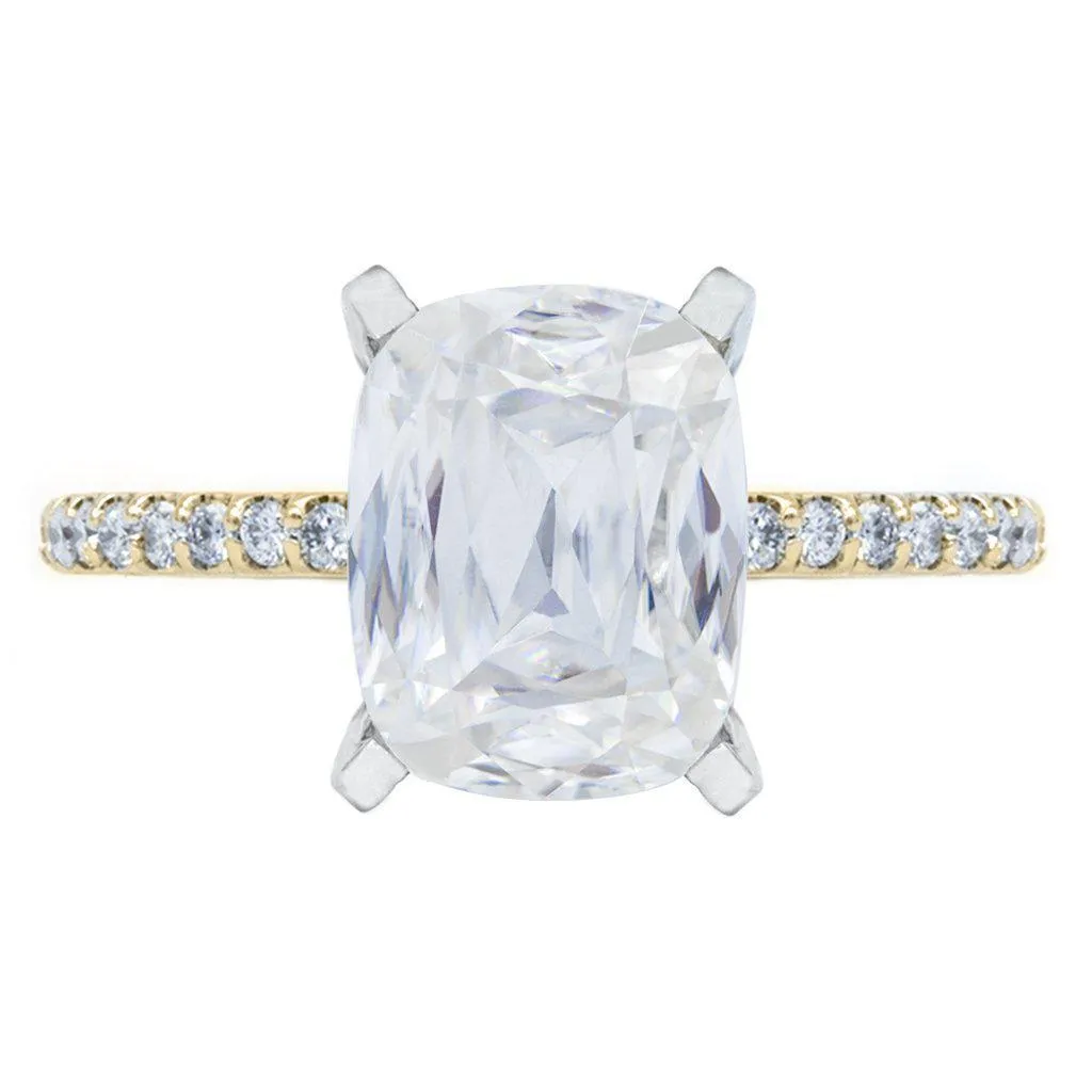A Cute Cut Cushion Heirloom Moissanite 4 Prongs Diamond Accent Ice Solitaire Ring