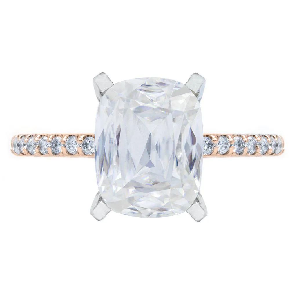 A Cute Cut Cushion Heirloom Moissanite 4 Prongs Diamond Accent Ice Solitaire Ring