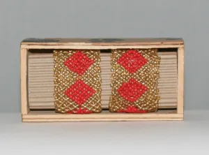 African Beaded Napkin Rings Gold Red Zulu Tribal Designs Handcrafted Set of 2 South Africa 1" X 2" Handmade Wood Gift Box