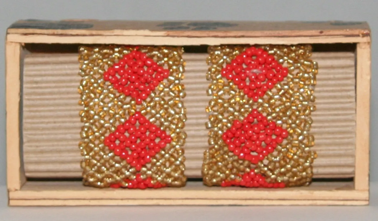 African Beaded Napkin Rings Gold Red Zulu Tribal Designs Handcrafted Set of 2 South Africa 1" X 2" Handmade Wood Gift Box