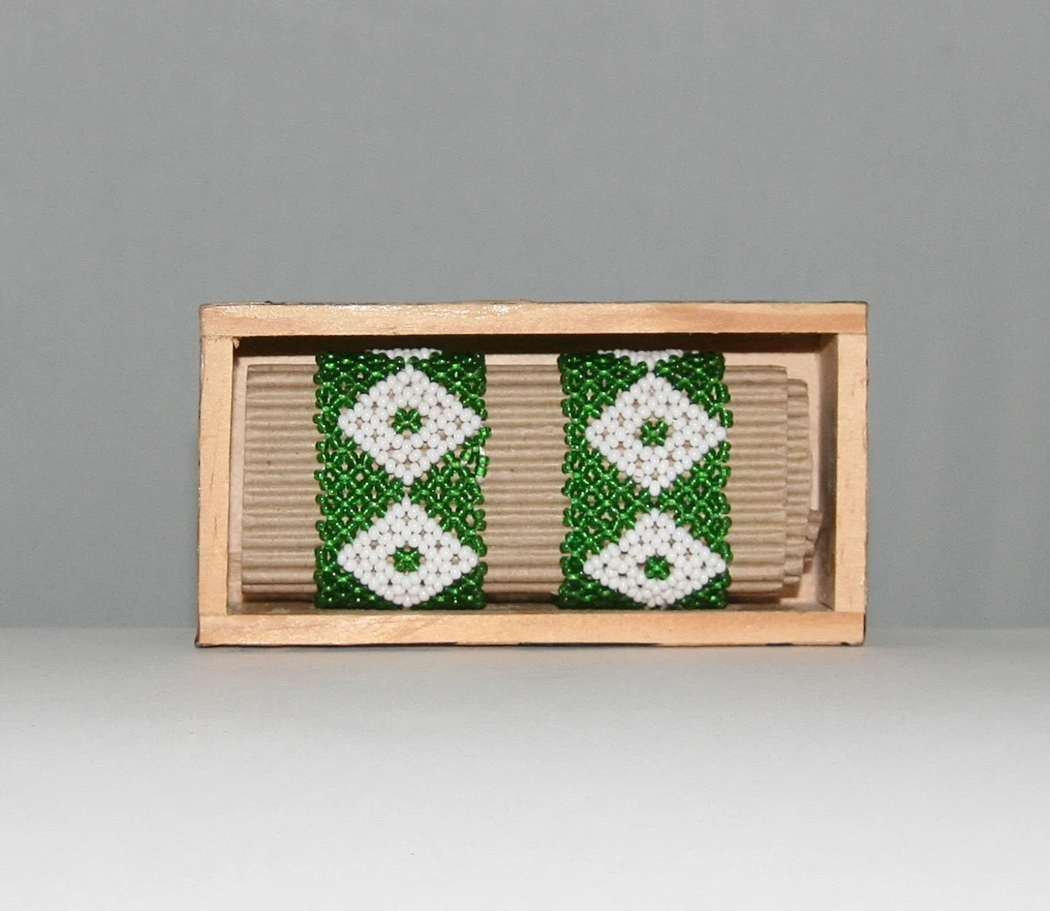 African Beaded Napkin Rings Green White Zulu Tribal Designs Handcrafted Set of 2 South Africa 1" X 2" Handmade Wood Gift Box