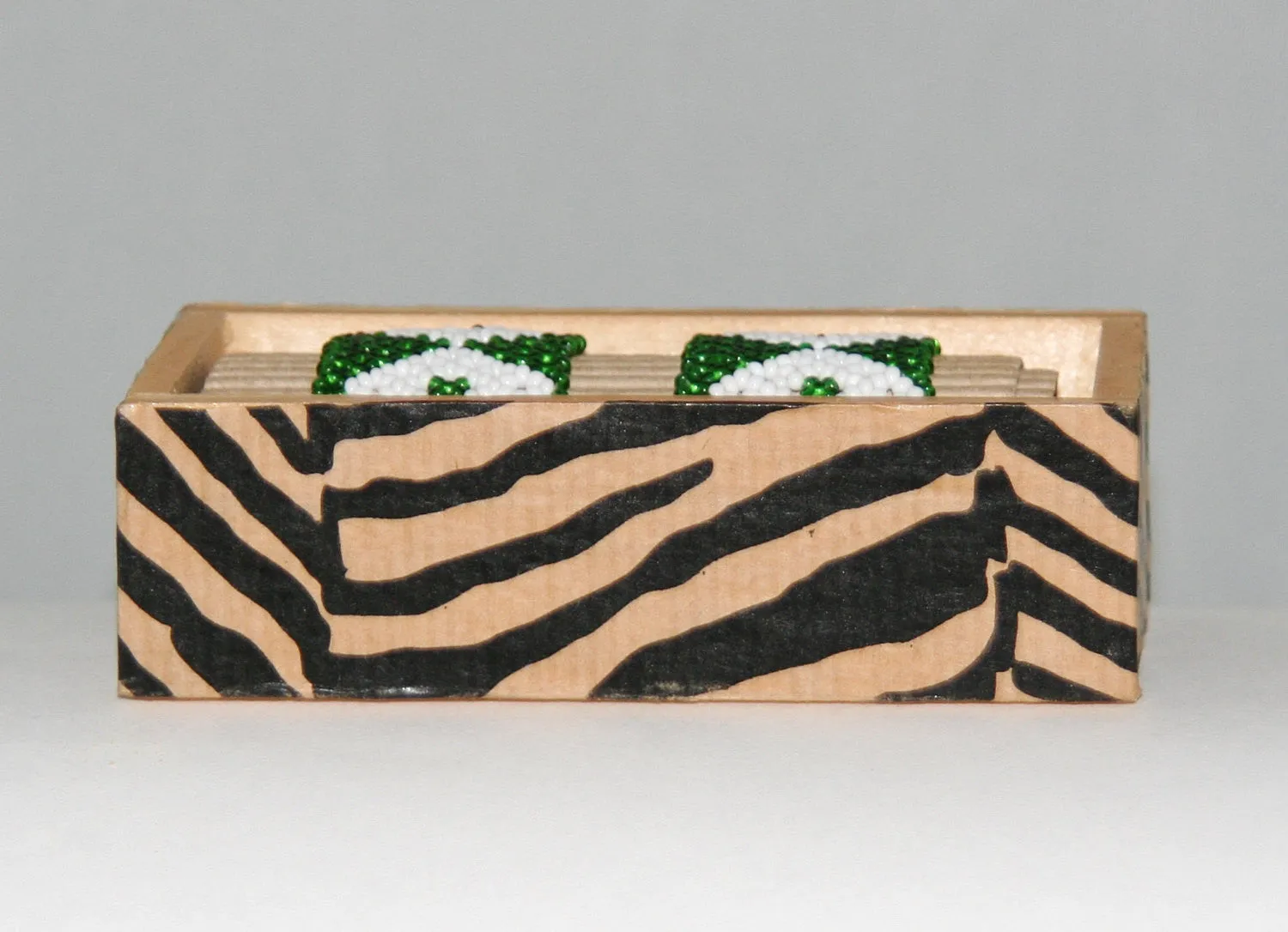 African Beaded Napkin Rings Green White Zulu Tribal Designs Handcrafted Set of 2 South Africa 1" X 2" Handmade Wood Gift Box