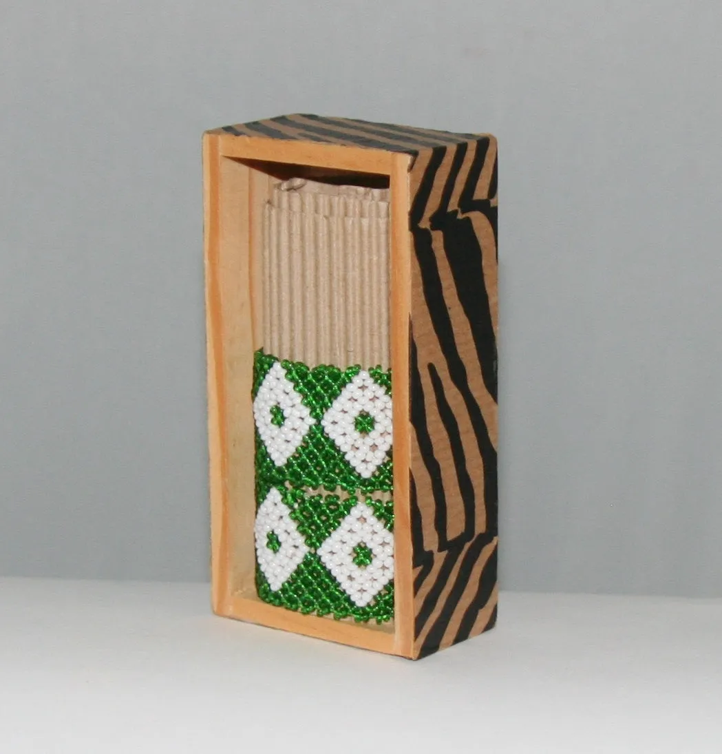 African Beaded Napkin Rings Green White Zulu Tribal Designs Handcrafted Set of 2 South Africa 1" X 2" Handmade Wood Gift Box