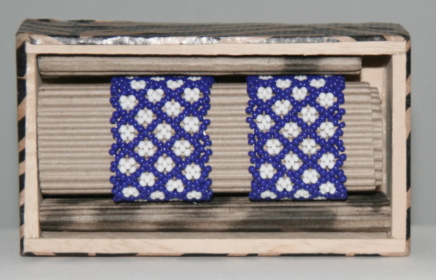 African Beaded Napkin Rings Navy White Zulu Tribal Designs Handcrafted Set of 2 South Africa 1" X 2" Handmade Wood Gift Box