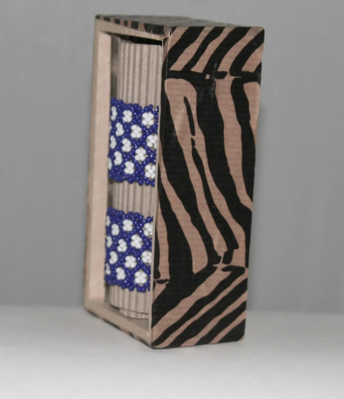 African Beaded Napkin Rings Navy White Zulu Tribal Designs Handcrafted Set of 2 South Africa 1" X 2" Handmade Wood Gift Box