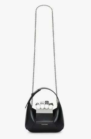 Alexander McQueen Black Leather Mini Hobo Knuckle Bag with Silver Chain Strap