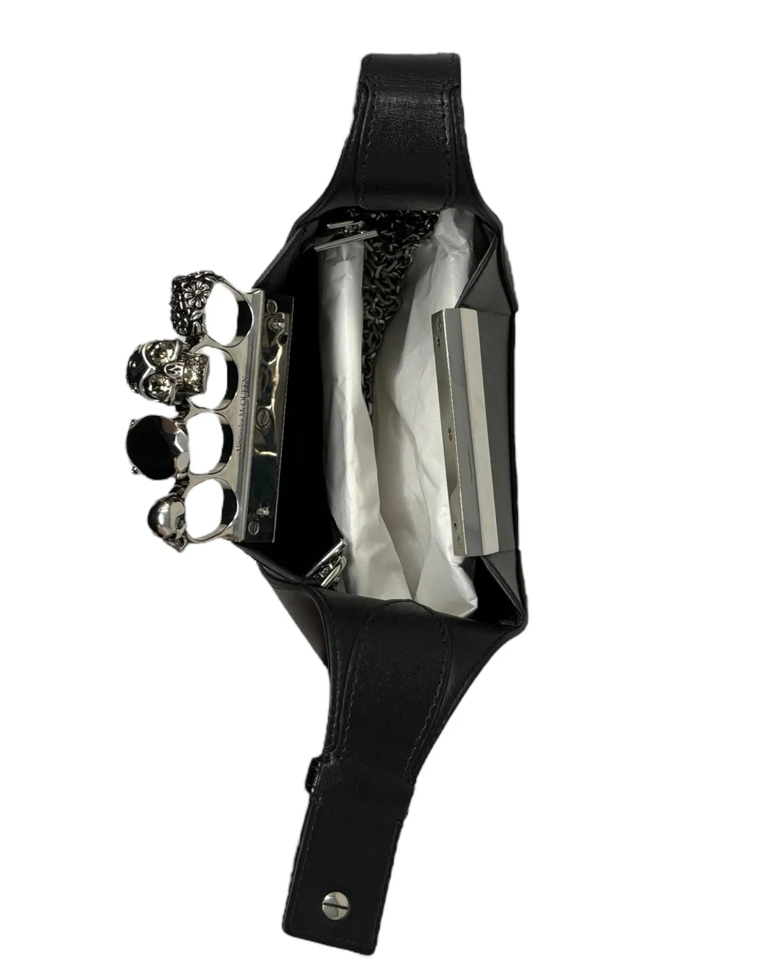 Alexander McQueen Black Leather Mini Hobo Knuckle Bag with Silver Chain Strap