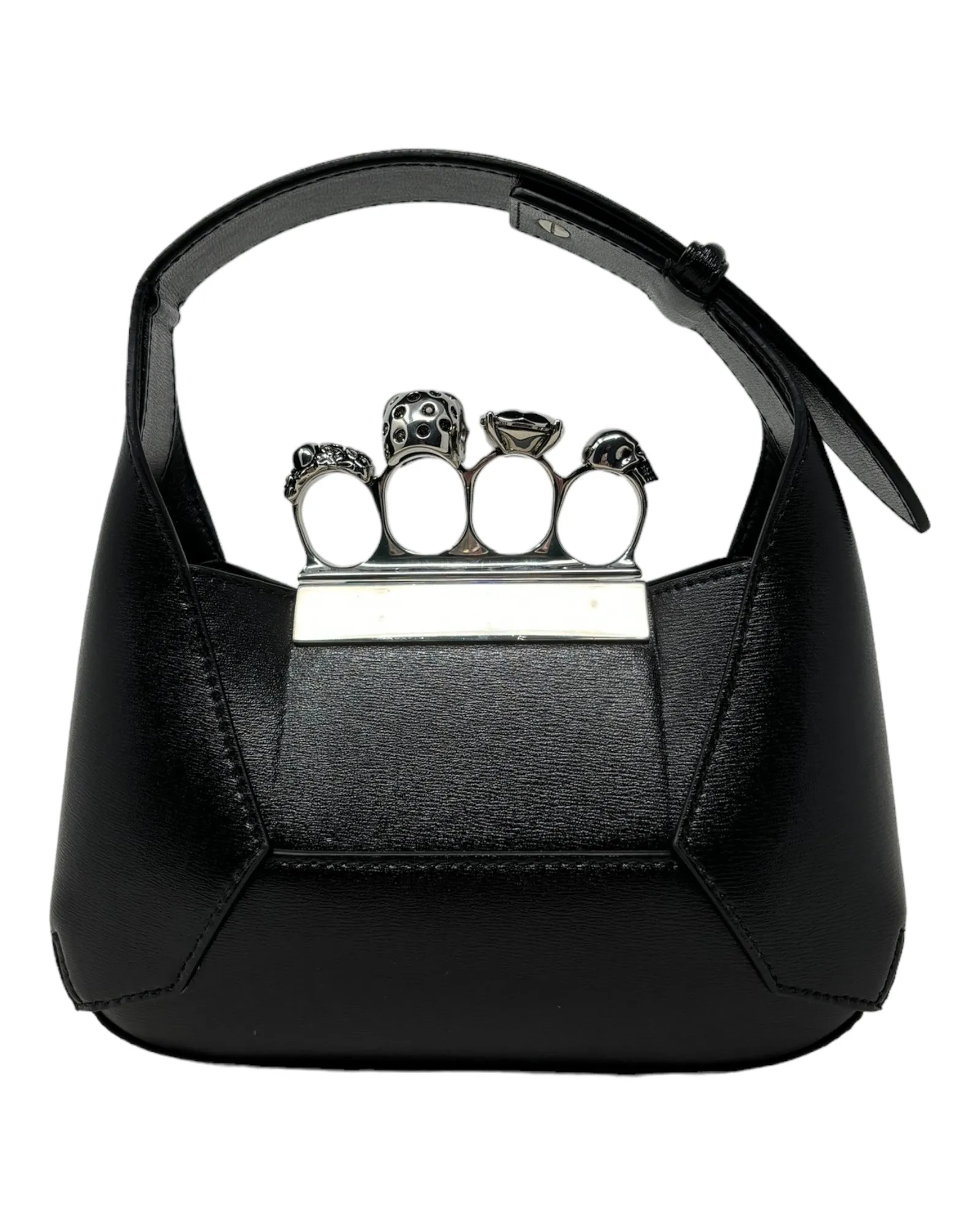 Alexander McQueen Black Leather Mini Hobo Knuckle Bag with Silver Chain Strap