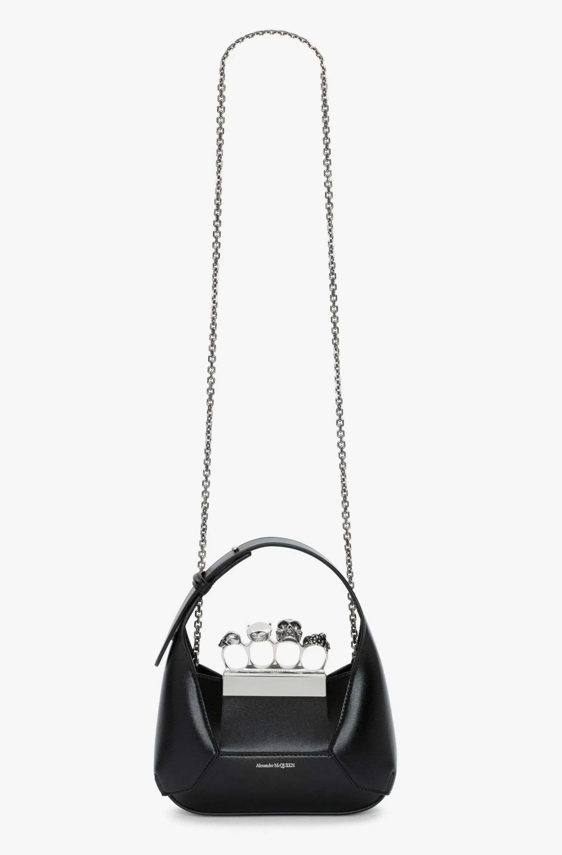 Alexander McQueen Black Leather Mini Hobo Knuckle Bag with Silver Chain Strap