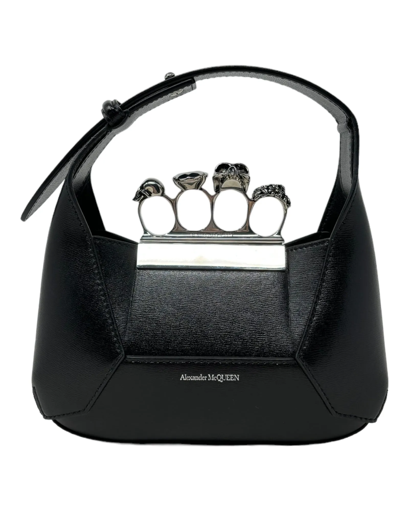 Alexander McQueen Black Leather Mini Hobo Knuckle Bag with Silver Chain Strap