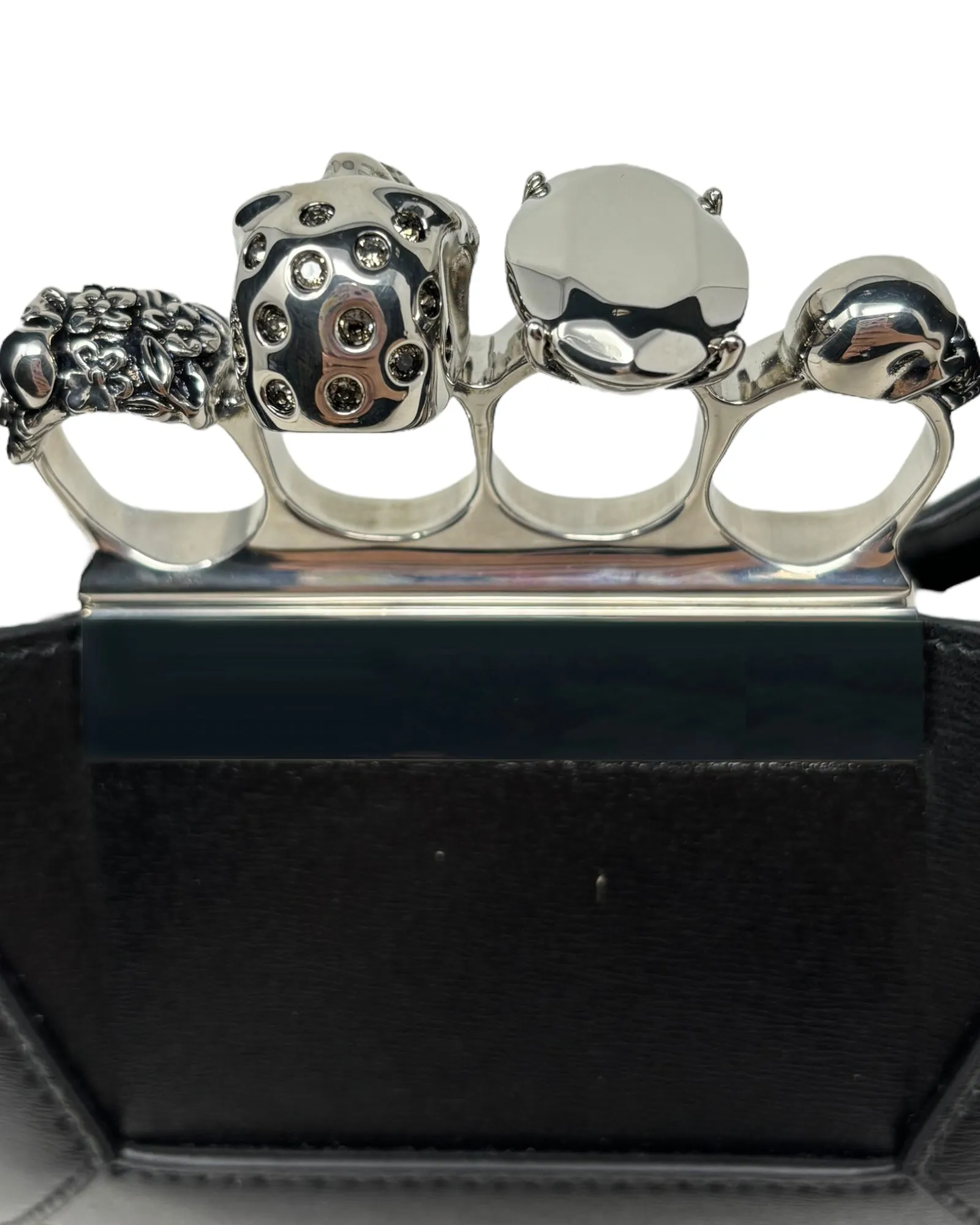 Alexander McQueen Black Leather Mini Hobo Knuckle Bag with Silver Chain Strap