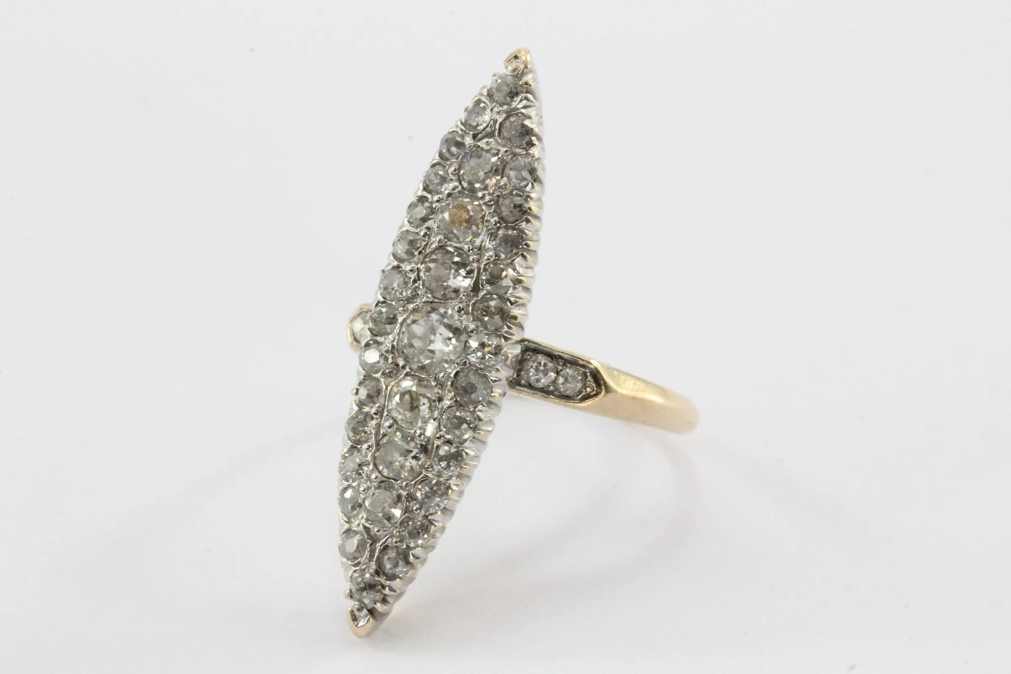 Antique 14k Rose Gold & Platinum rose gold Navette Old European Cut Diamond Ring