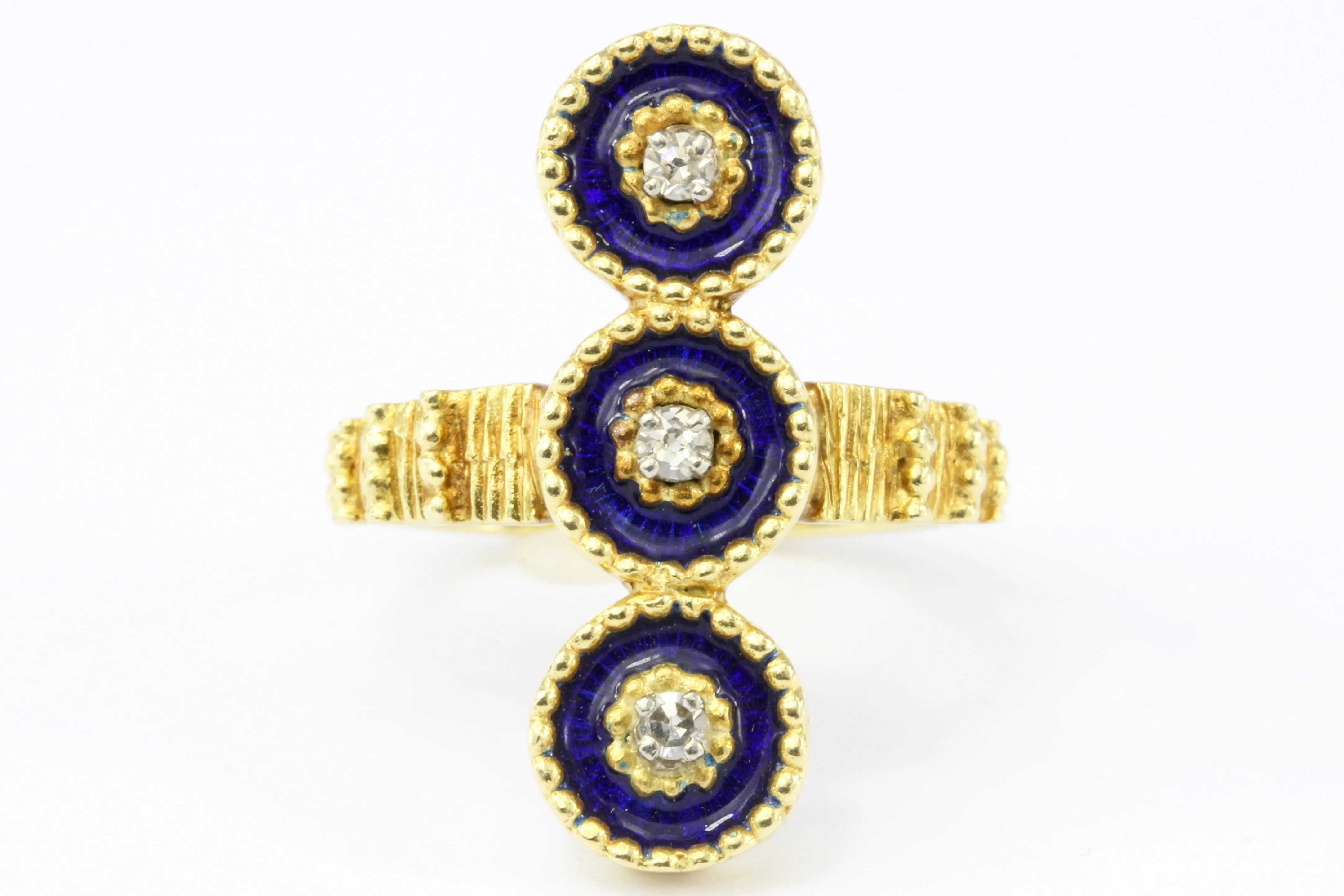 Antique 22K Yellow Gold Blue Enamel and Diamond Ring