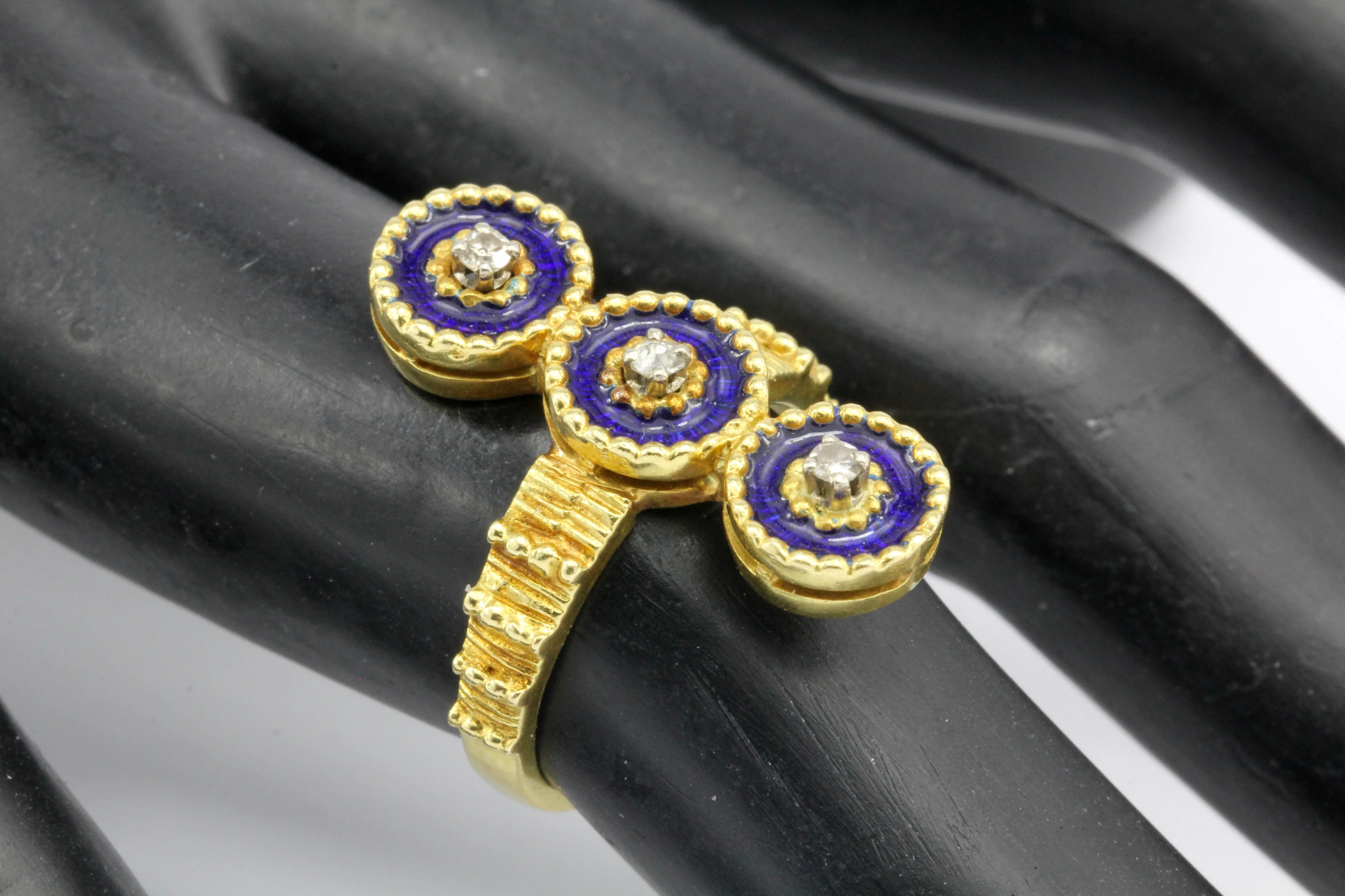 Antique 22K Yellow Gold Blue Enamel and Diamond Ring