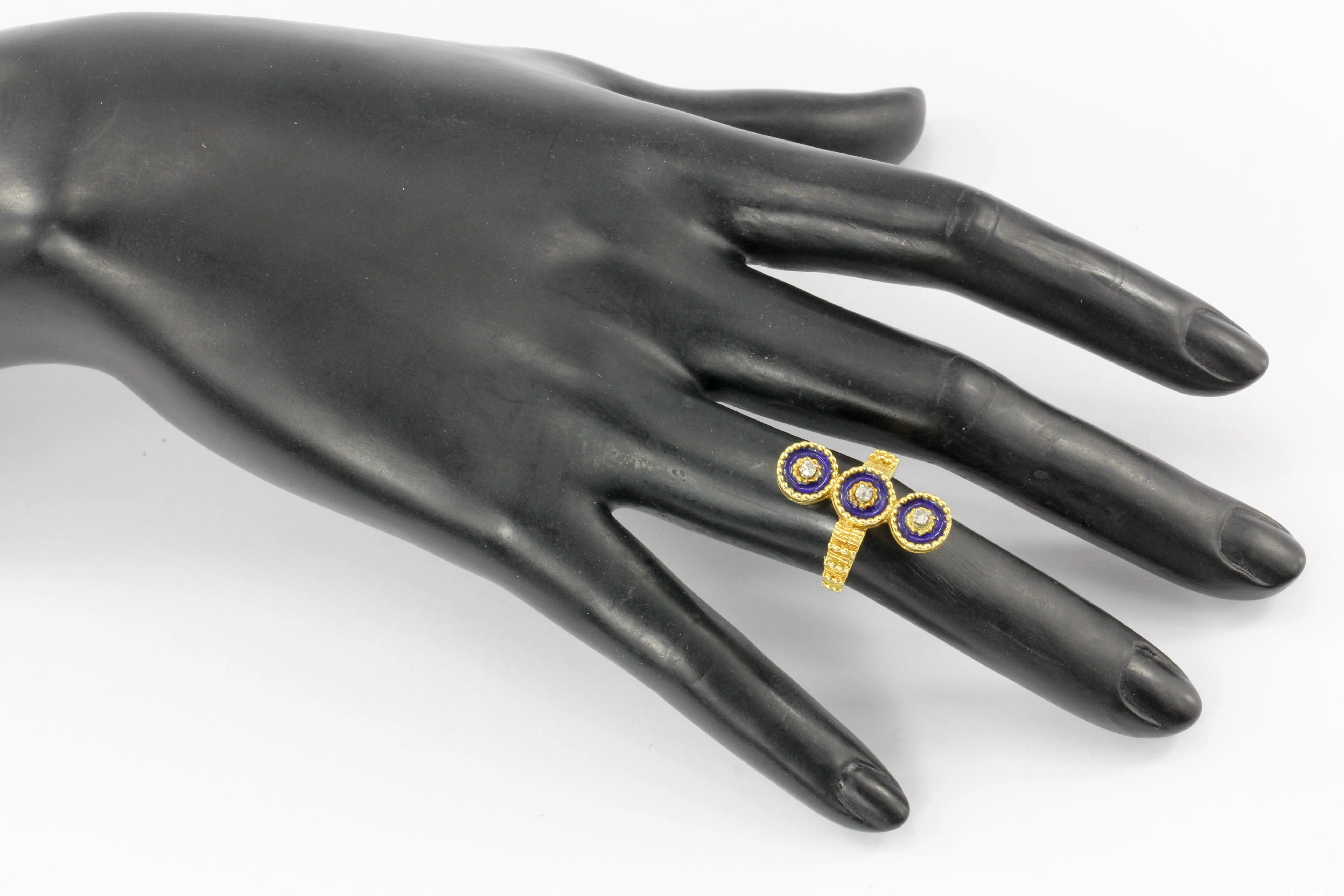 Antique 22K Yellow Gold Blue Enamel and Diamond Ring
