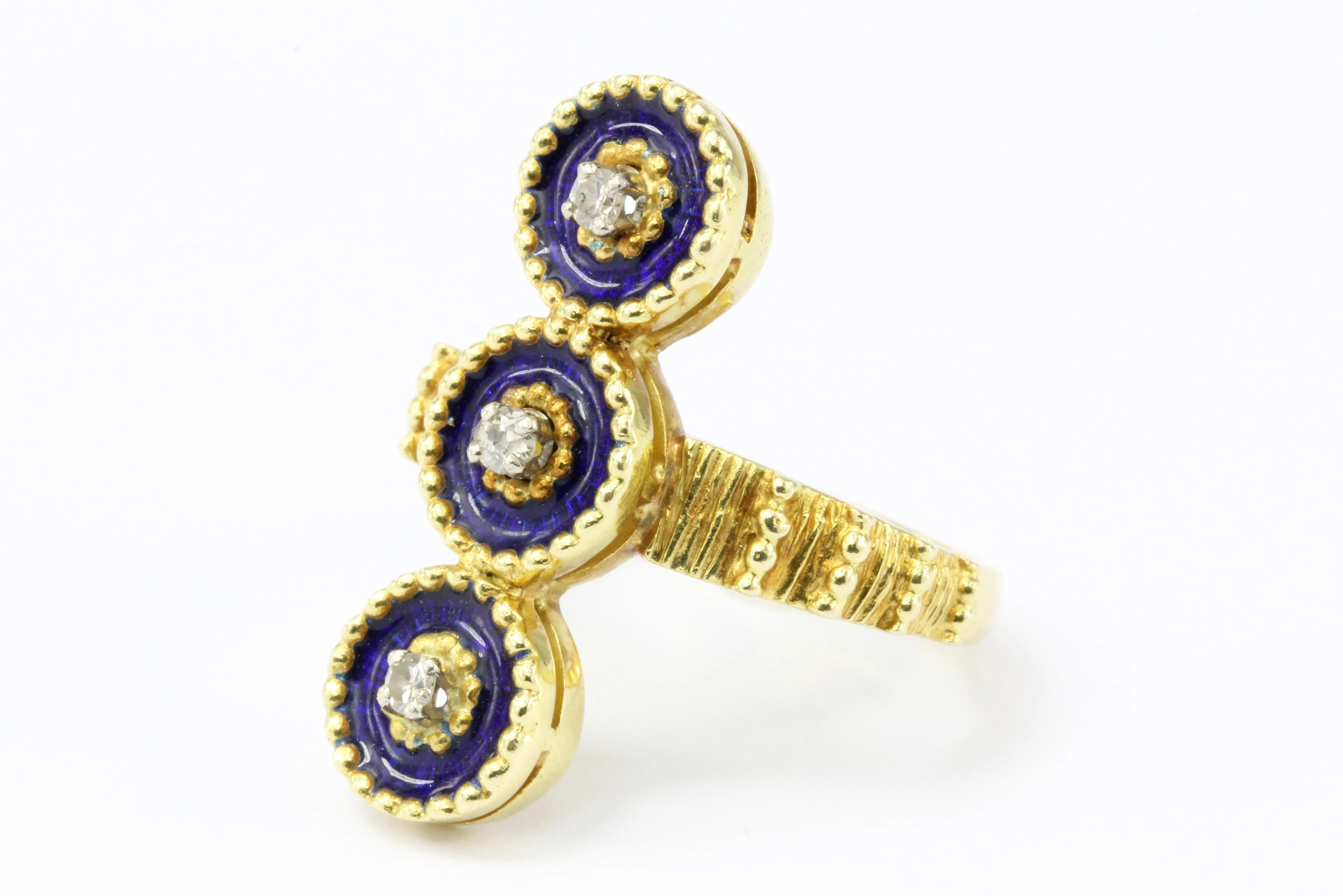 Antique 22K Yellow Gold Blue Enamel and Diamond Ring