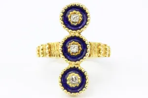 Antique 22K Yellow Gold Blue Enamel and Diamond Ring