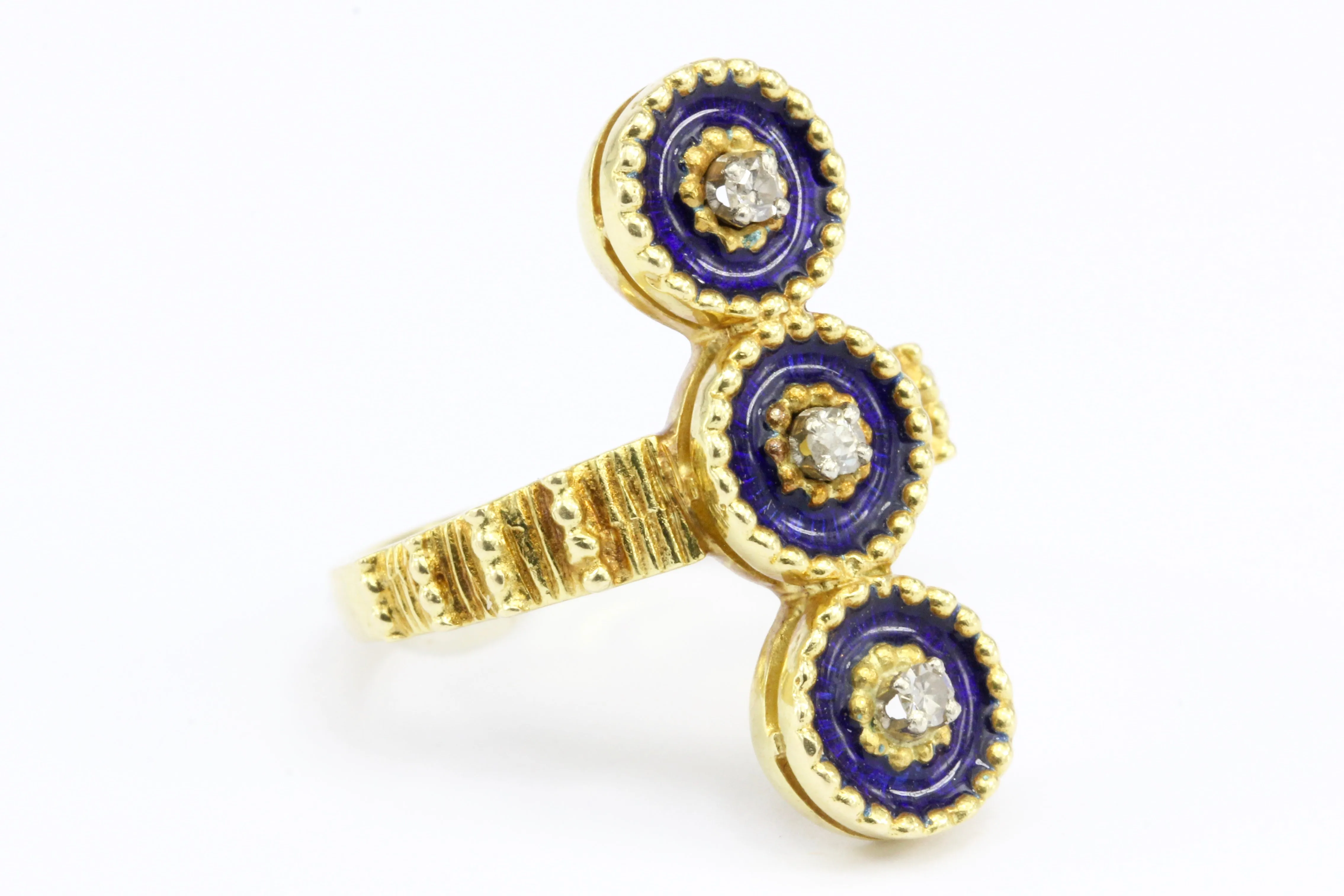 Antique 22K Yellow Gold Blue Enamel and Diamond Ring