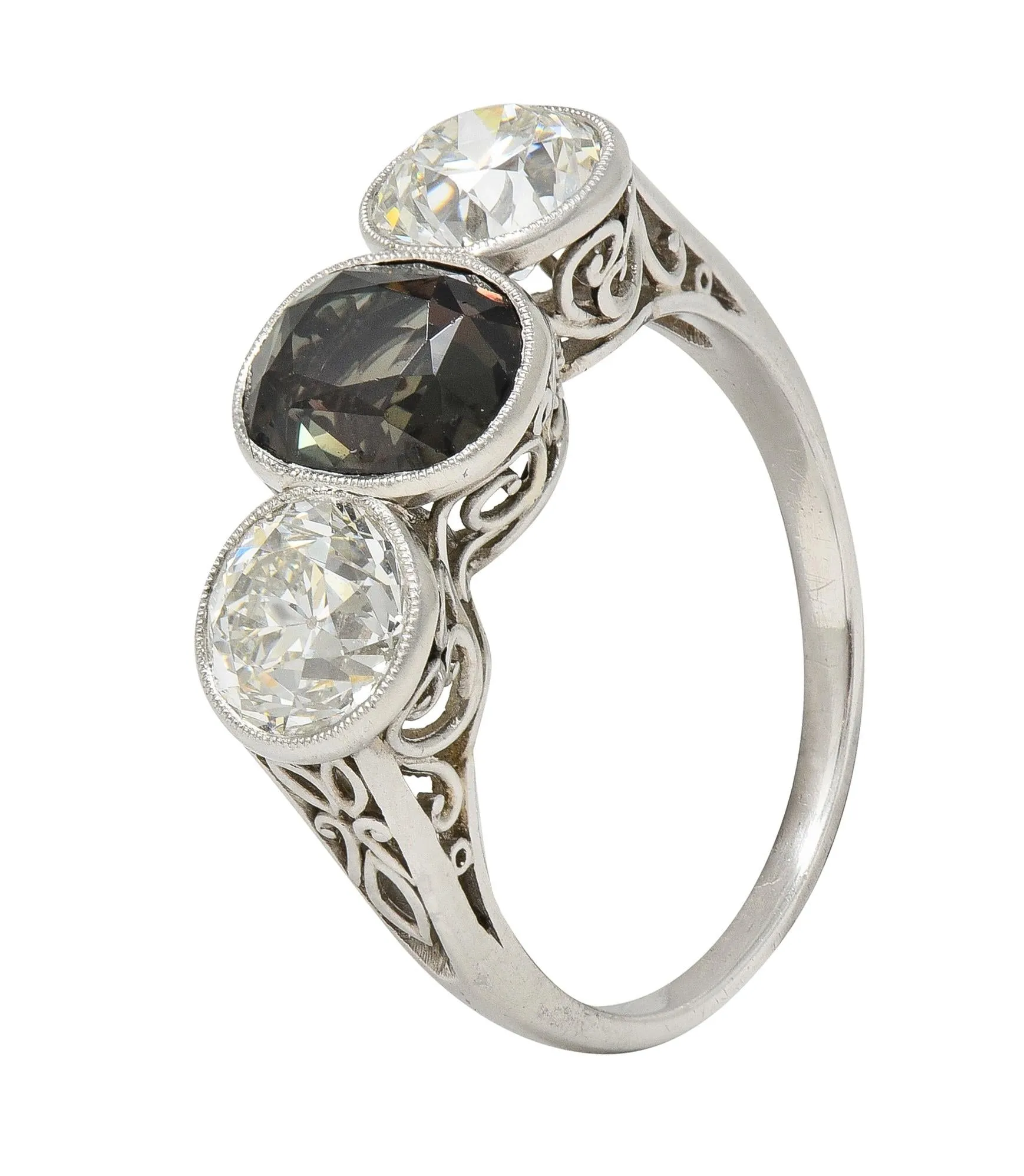 Antique 3.30 CTW Color-Change Ceylon Alexandrite Diamond Platinum Scrolling Three Stone Ring GIA