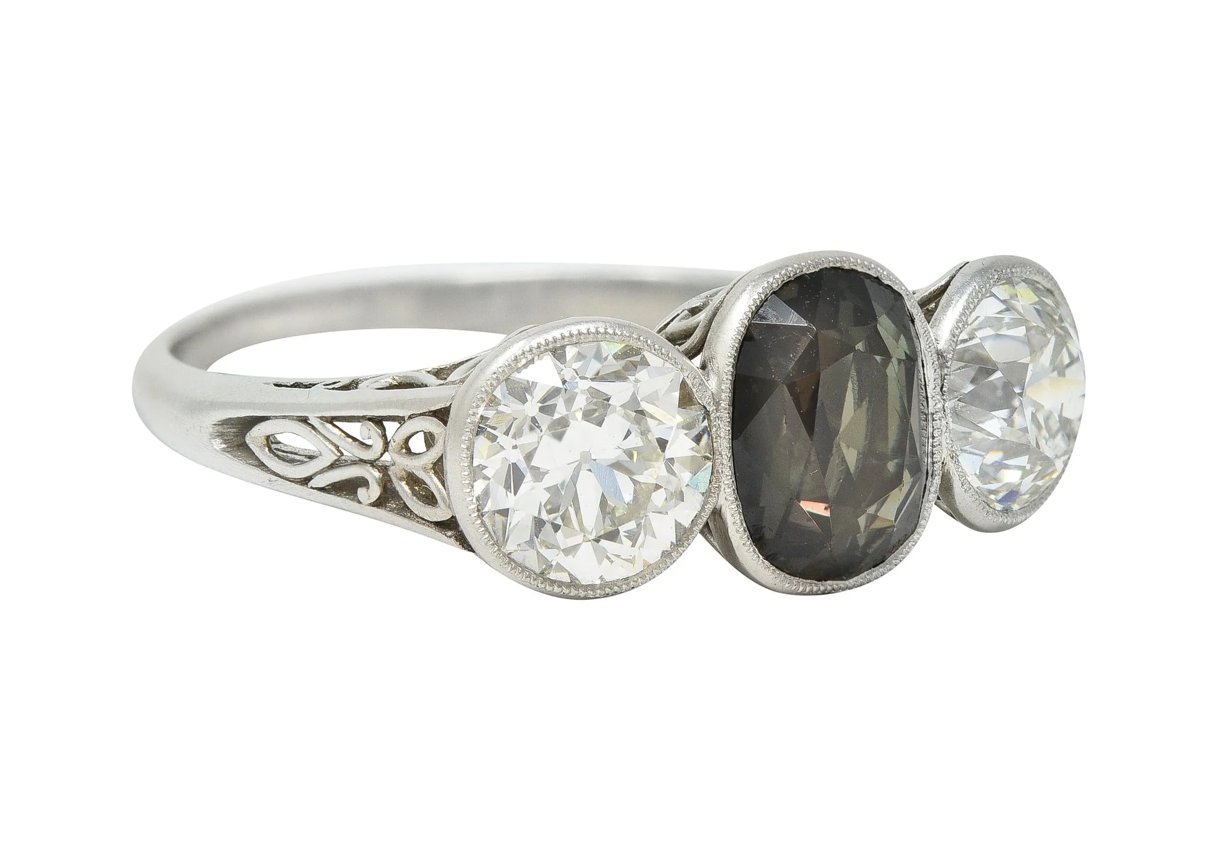 Antique 3.30 CTW Color-Change Ceylon Alexandrite Diamond Platinum Scrolling Three Stone Ring GIA